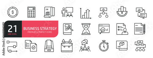 Set of line icons related to research, solution, business process, report. Outline icons collection. Editable stroke. Vector illustration.