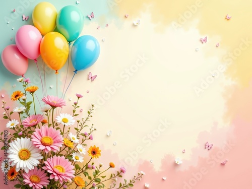 Colorful balloons and blooming flowers on pastel background layout  