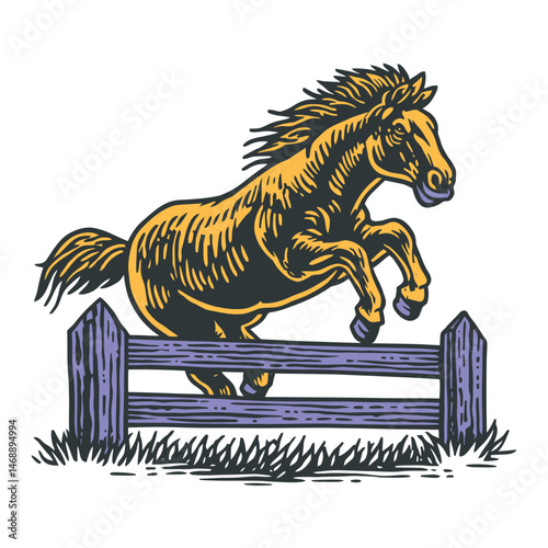 Hand-Drawn Illustration of a Galloping Horse Leaping Over a Fence