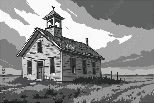144 old abandoned school house, weathered wooden structure, dilapidated roof, overgrown field, desolate landscape, dramatic cloudy sky, moody gray tones, high contrast black and white, photorealistic,