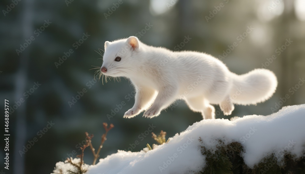 Snow marten running and jumping in the arctic regions green frost forest, rare animal sighting in snowy forest Snow marten running and jumping in the arctic regions green frost forest, rare animal sighting in snowy forest
