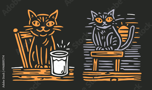 Funny Cat Doodle Hand Drawing on Dark Background for Graphic Design
