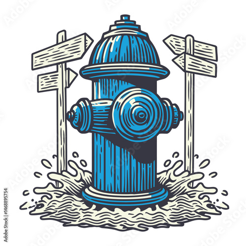 Hand Drawn Fire Hydrant Illustration with Water Splash and Signposts