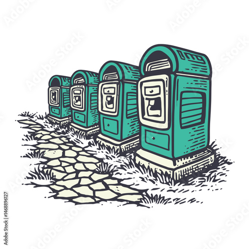 Vintage Hand Drawn Illustration of Classic Mailboxes on Pathway