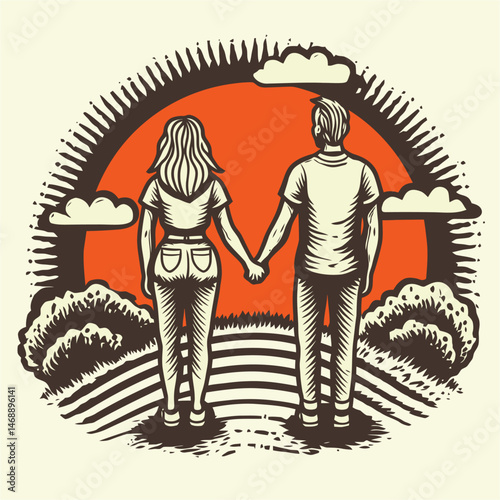 Hand-Drawn Illustration of Couple Holding Hands in Nature Scene