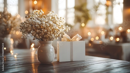 Elegant anniversary decor with gift card on wooden table
