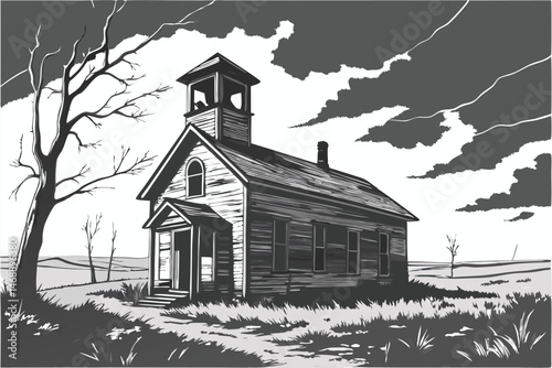 144 old abandoned school house, weathered wooden structure, dilapidated roof, overgrown field, desolate landscape, dramatic cloudy sky, moody gray tones, high contrast black and white, photorealistic,