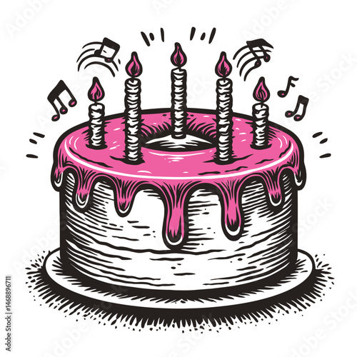 Hand-Drawn Illustration of Colorful Birthday Cake with Candles