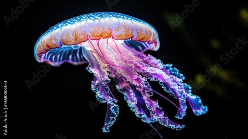 Glowing bioluminescent jellyfish in deep ocean darkness.