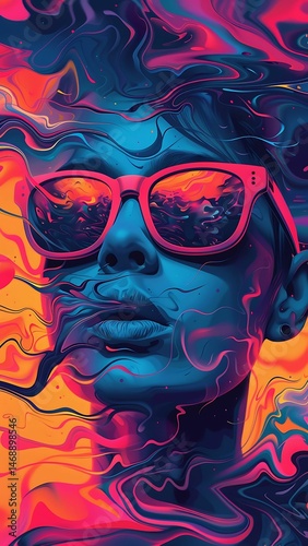 Red painting of a scary clown mask on a dark wall with evil graffiti, a woman's face like a spooky skull demon