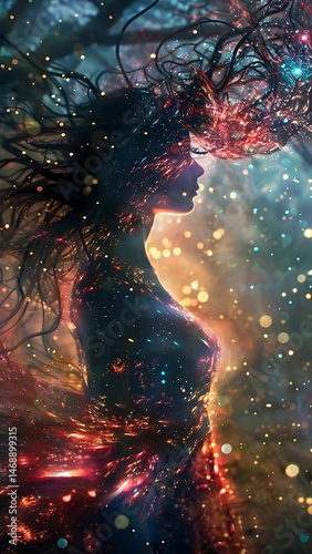 A woman in water drifts through a mystical cosmos of stardust and nebula, bathed in the light of distant stars