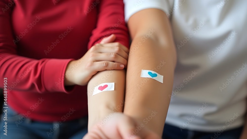 Naklejka premium Close-Up of Arms with Bandages After Blood Donation – Symbol of Care and Connection, world blood donor day