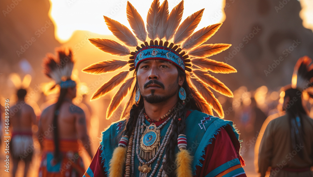 Obraz premium Festival Portrait at Golden Sunrise – Inti Raymi Celebration with Native-Inspired Costume in Peru