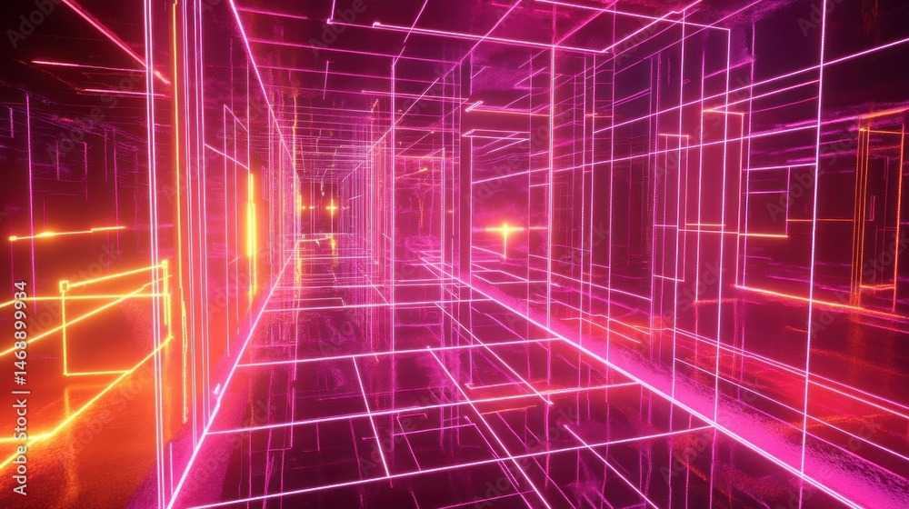 Futuristic neon glowing lines creating a tunnel effect in a dark space with vibrant pink and orange light. Futuristic neon glowing lines creating a tunnel effect in a dark space with vibrant pink and orange light.