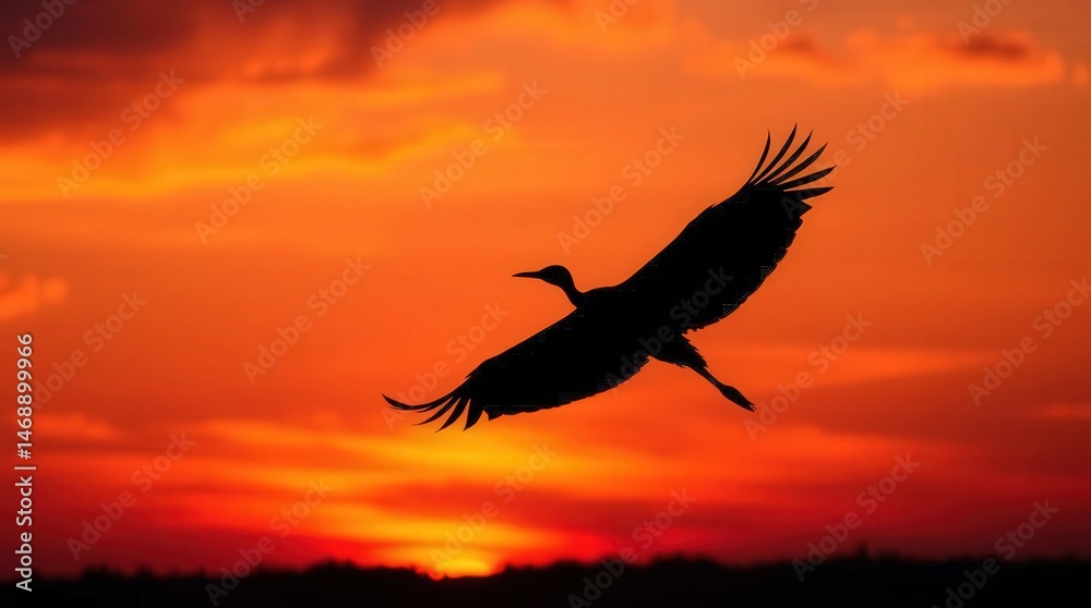 Fototapeta premium Majestic Bird Silhouette Flying Against Vibrant Sunset Sky