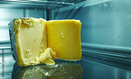 Melted butter block reflecting in a modern fridge setting.