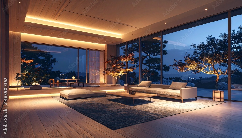 A Japanese-style luxury lounge-style space, with light wood and minimalist lighting A Japanese-style luxury lounge-style space, with light wood and minimalist lighting