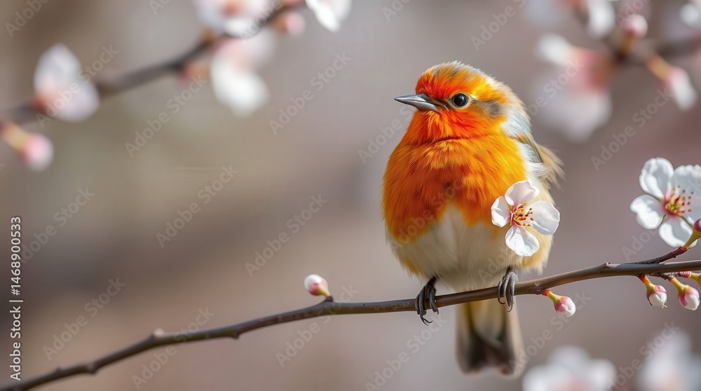 Fototapeta premium Brightly Colored Bird Sitting on Branch with Cherry Blossom Blooms