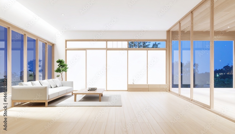 Fototapeta premium A Japanese-style luxury lounge-style space, with light wood and minimalist lighting