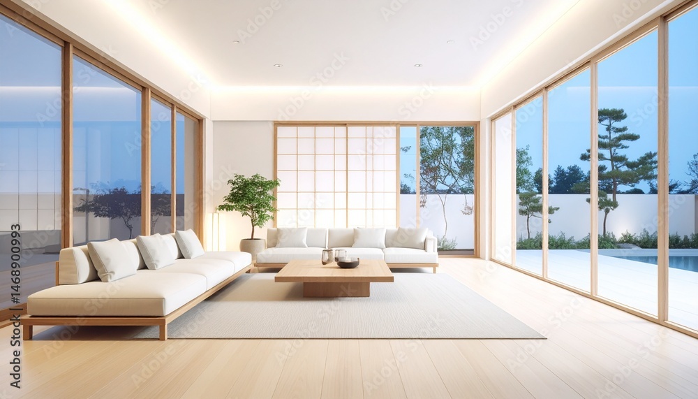 Fototapeta premium A Japanese-style luxury lounge-style space, with light wood and minimalist lighting