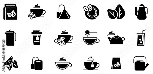  Black tea leaves icons. Hot drink cup, cold iced tea and teapot with steam pictogram icon vector set