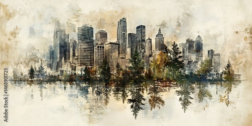 Artistic rendering of an urban cityscape with reflection in water and natural elements