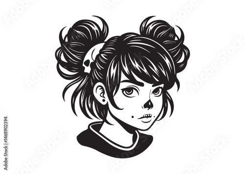 Messy Bun Girl Skull Silhouette Vector