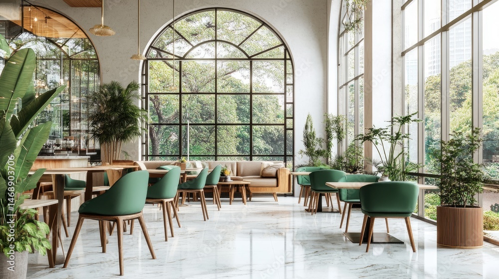 Fototapeta premium Modern cafe interior with abundant natural light.