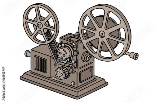 147 old movie projector, vintage, mechanical, film reels, wood and metal, detailed, high resolution, 8K