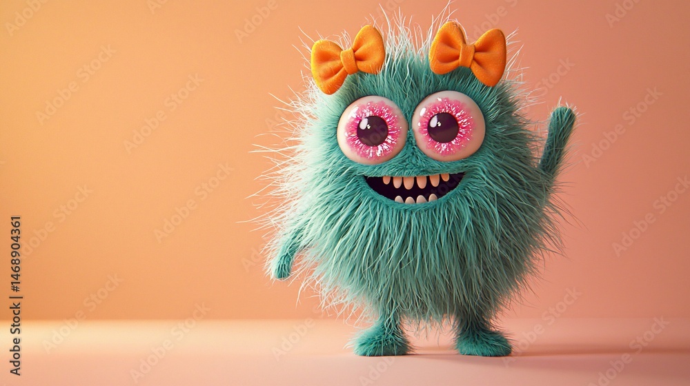 Fototapeta premium Fluffy Monster Waving, Pastel Background