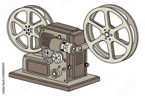 147 old movie projector, vintage, mechanical, film reels, wood and metal, detailed, high resolution, 8K