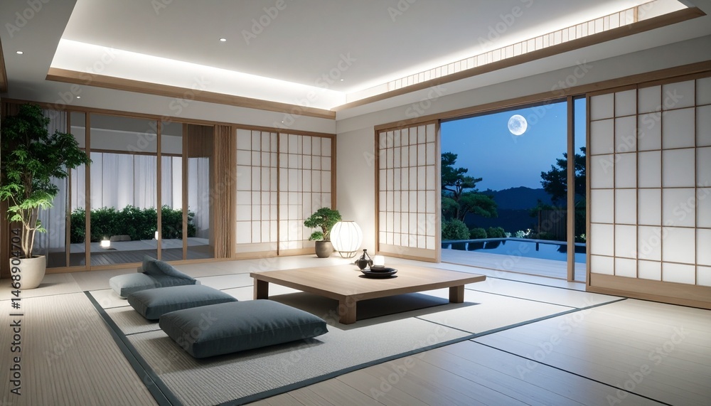 Fototapeta premium A Japanese-style luxury lounge-style space, with light wood and minimalist lighting