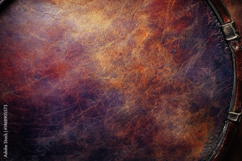 A close-up shot reveals a weathered, textured leather drumhead with rich brown and purple hues, showing its age and use.