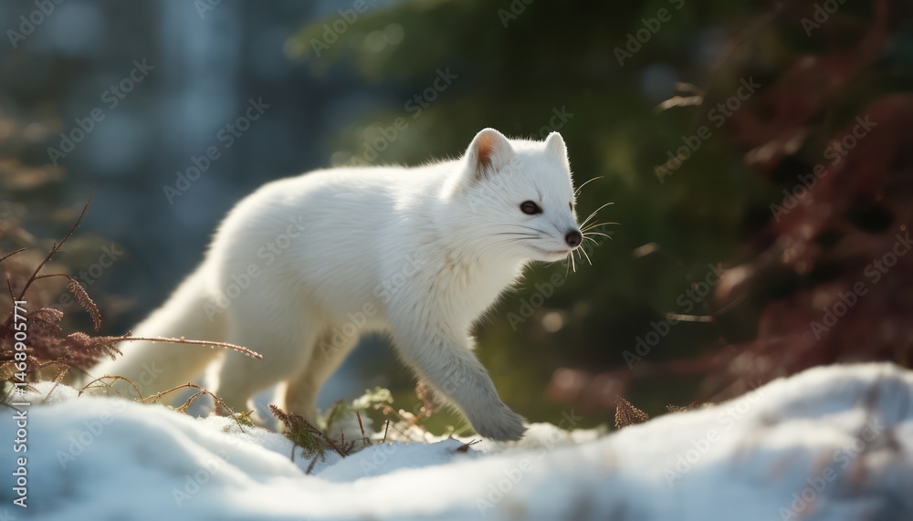 Obraz premium Snow marten running and jumping in the arctic regions green frost forest, rare animal sighting in snowy forest