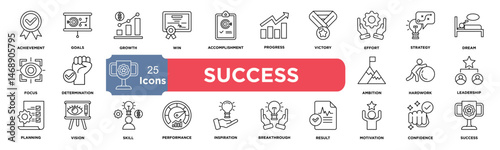 success icon collection set. Containing achievement,goals,growth,win,accomplishment,progress,victory,effort,drive,strategy and dream icon. Simple line vector.