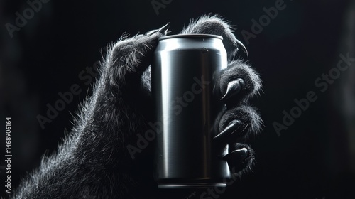 A mysterious furry hand gripping a blank aluminum can, suggesting a fantasy or mythical creature theme in a dark setting.