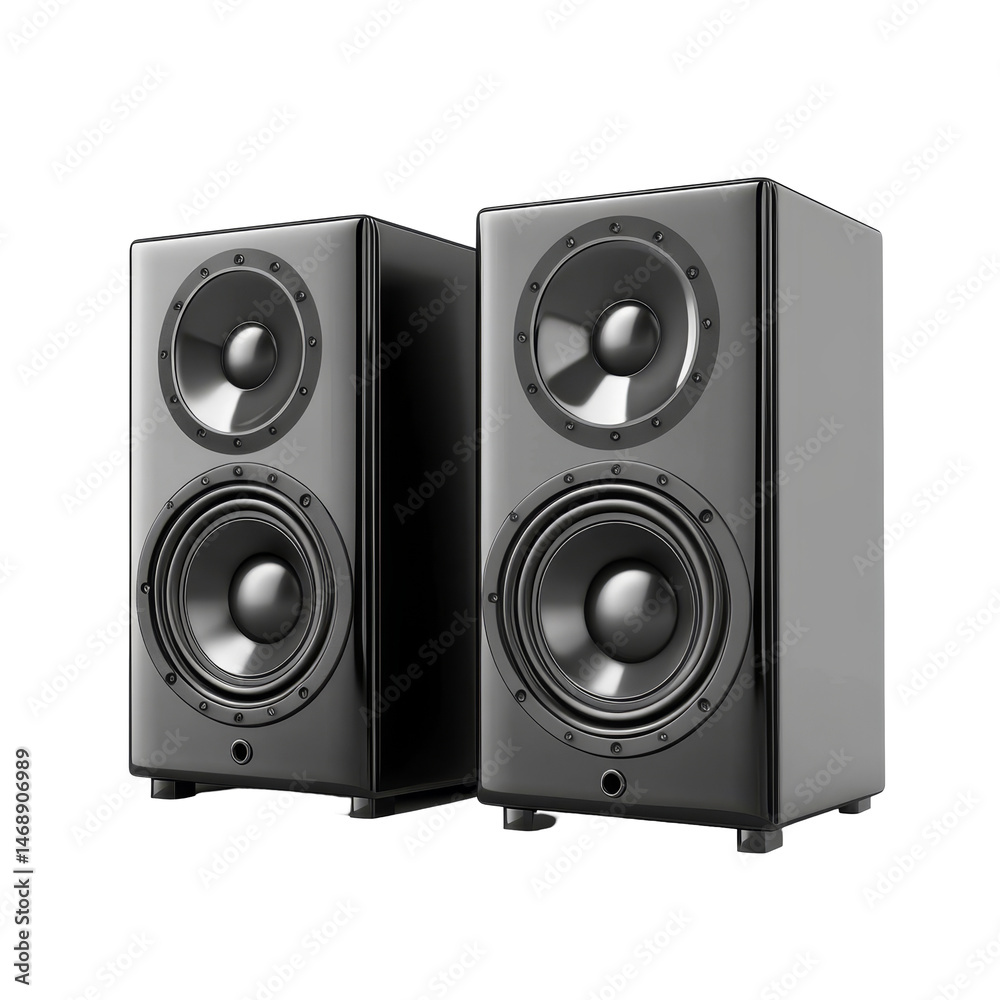 Fototapeta premium Modern black speakers designed for highquality sound on a clean transparent background, Black Modern Speakers isolated transparent background