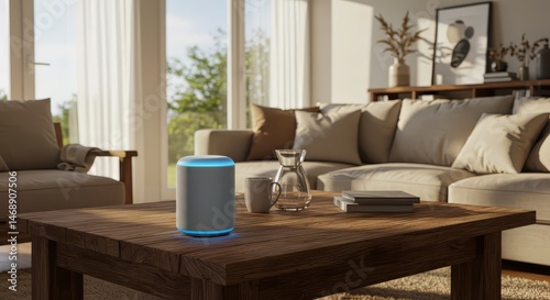 Smart Speaker on Wooden Table Illuminating Living Room Space