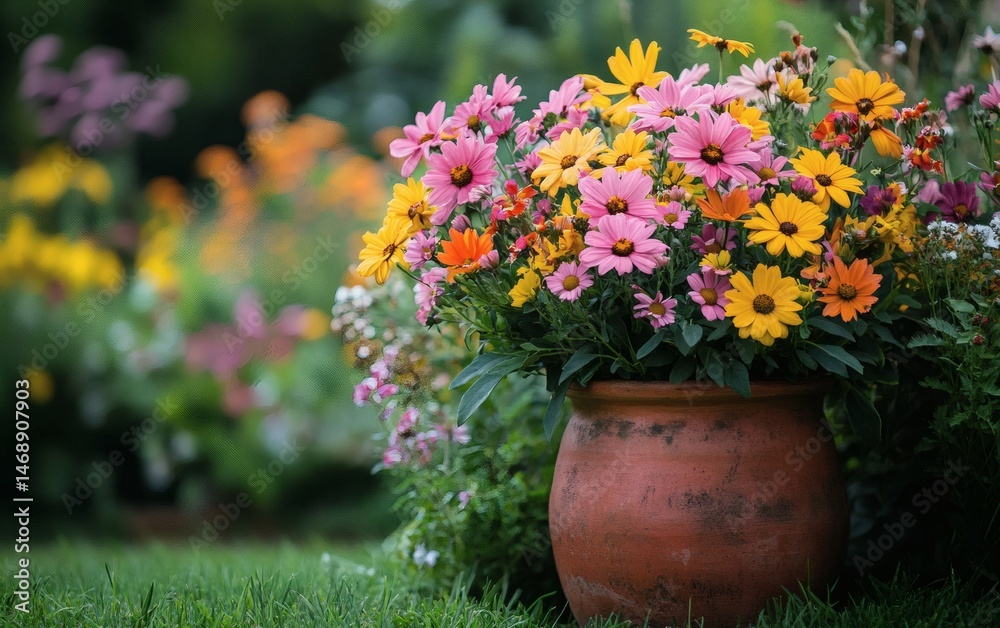 Obraz premium Colorful flower arrangement in terracotta pot with lawn field behind and vibrant summer mood for outdoor gardening plant growth and eco horticulture themes,
