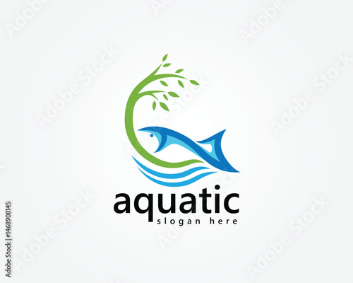 aquascape, aquatics logo, circular tree blending with fish decorated with striped waves below, logo design template