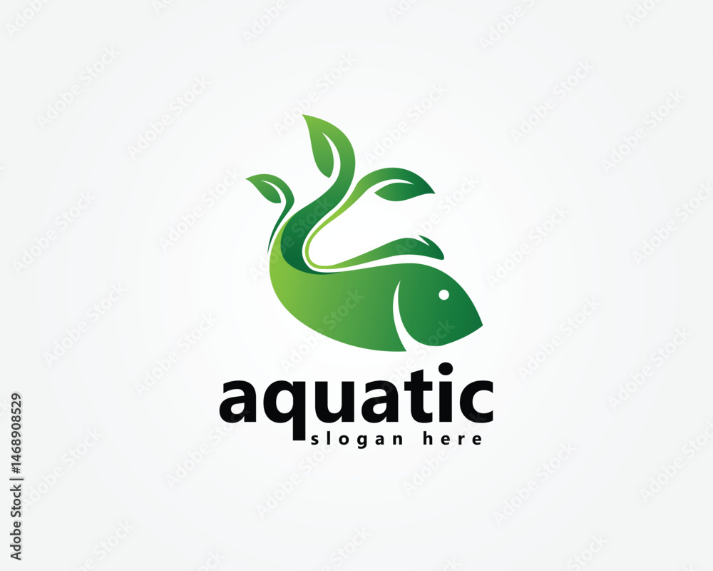 Fototapeta premium aquascape, aquatics logo, abstract fish with tail blending with plants, logo design template