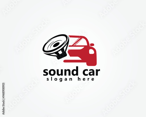 sound car logo, red car with speaker in front, logo design template