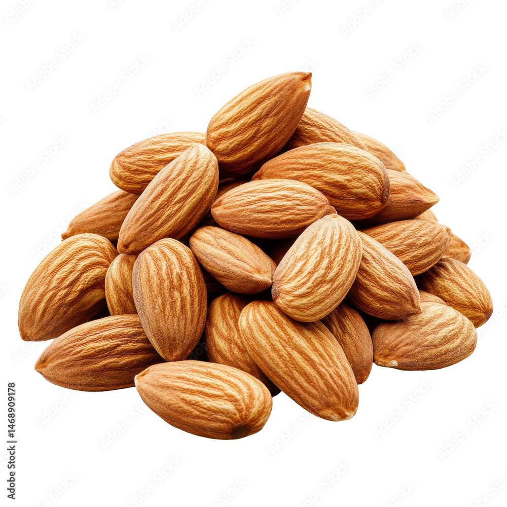 Fototapeta premium Heap of raw almonds isolated against a clean transparent background showcasing their natural texture and color, Heap of almonds isolated