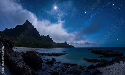 Starry night over a tranquil beach with mountains and moonlight.