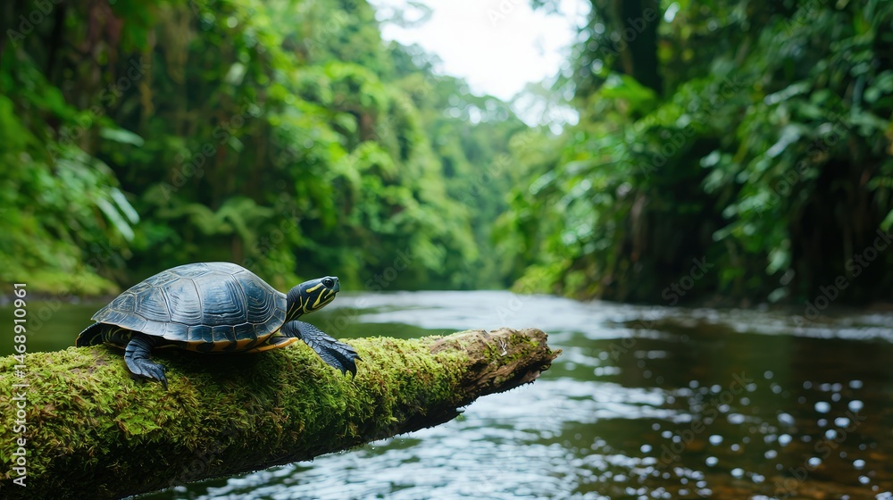 Obraz premium A slow-moving turtle resting on a moss-covered branch near a river, the lush rainforest surrounding it, teeming with life and vibrant vegetation.