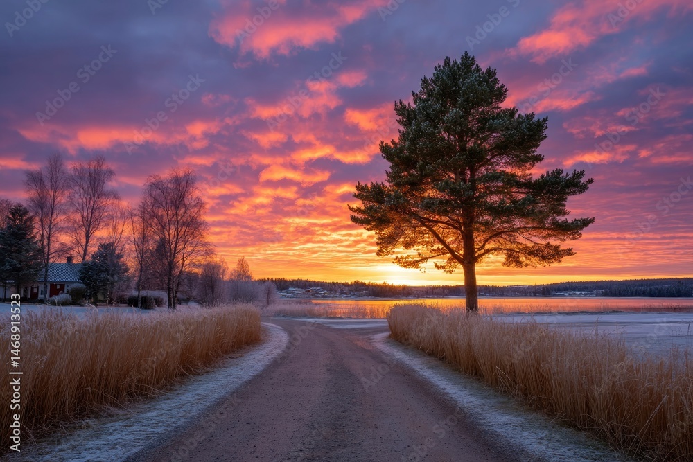 Winter Sunrise Landscape: Serene Pine Tree by Frosty Road Winter Sunrise Landscape: Serene Pine Tree by Frosty Road