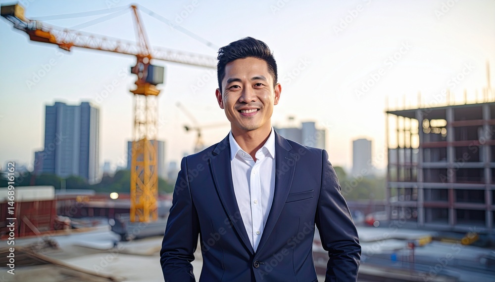 Fototapeta premium An urban industrial site where a high-rise building is being constructed with a crane moving on the background of a man in a suit