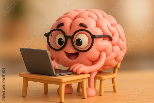 Charming Cartoon Brain Working on Laptop with Desk and Chair
