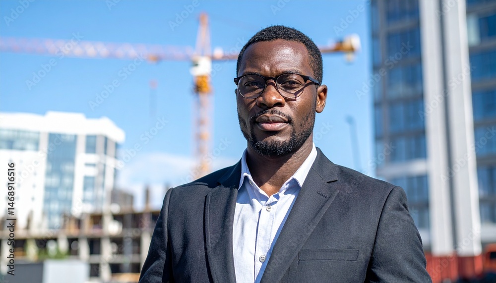 Fototapeta premium An urban industrial site where a high-rise building is being constructed with a crane moving on the background of a man in a suit