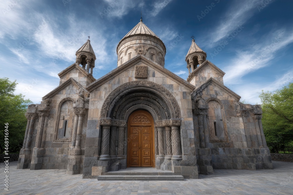 Obraz premium Stone Church: Majestic Armenian Architecture under a Blue Sky